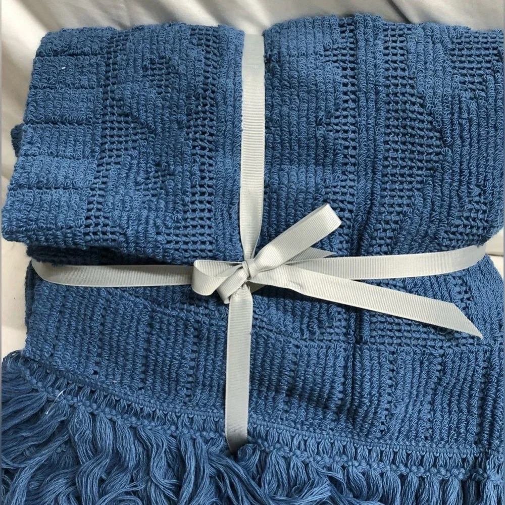 NEW Blue Knit Oversized Throw Blanket with Fringe Cozy Winter Home Decor Accent